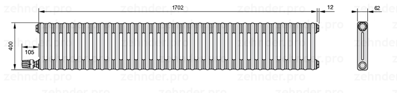 Схема (чертеж) Радиатор Zehnder Charleston 2040/37 №V003 Белый глянцевый RAL 9016
